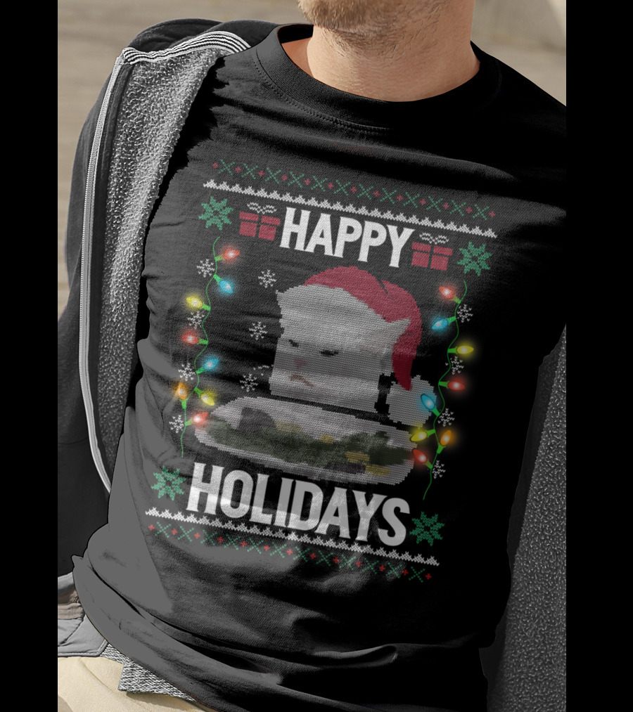 Happy Holidays Yelling Cat Meme Christmas Lights T-Shirt