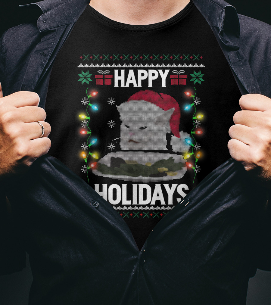 Happy Holidays Yelling Cat Meme Christmas Lights T-Shirt
