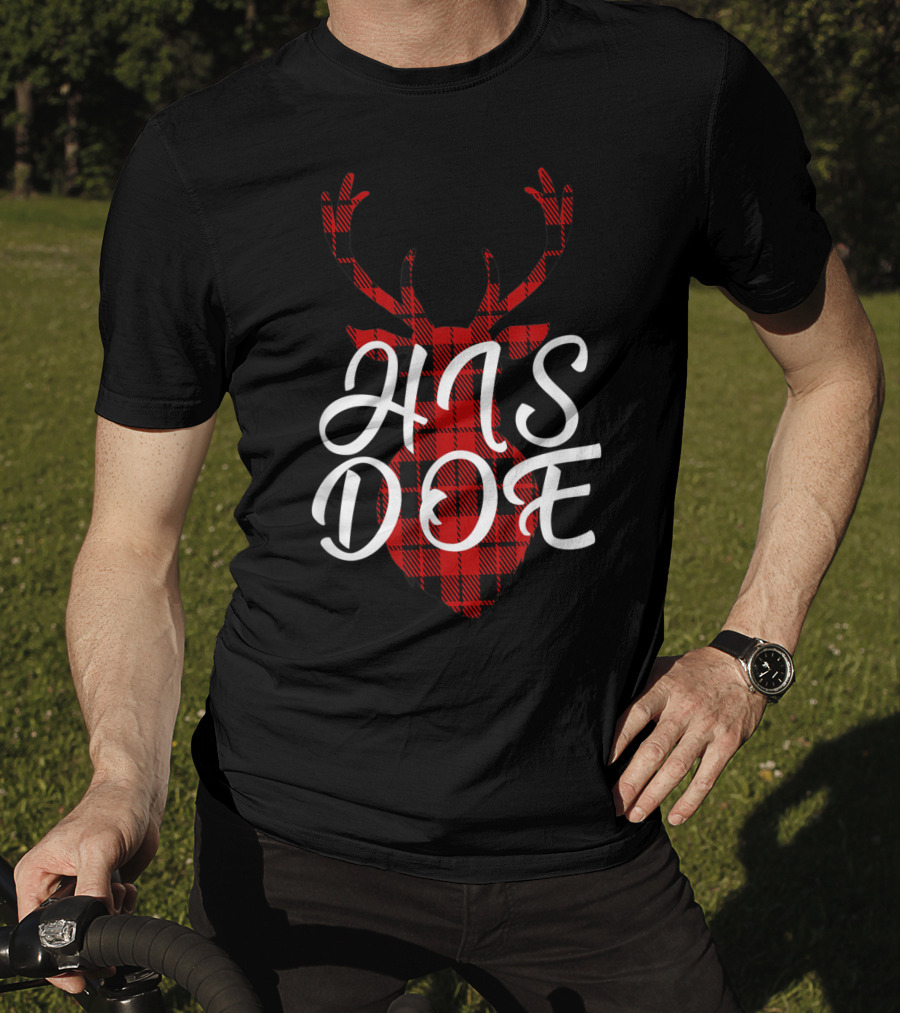 His Doe Couples Matching Red Buffalo Plaid Deer Head T-Shirt