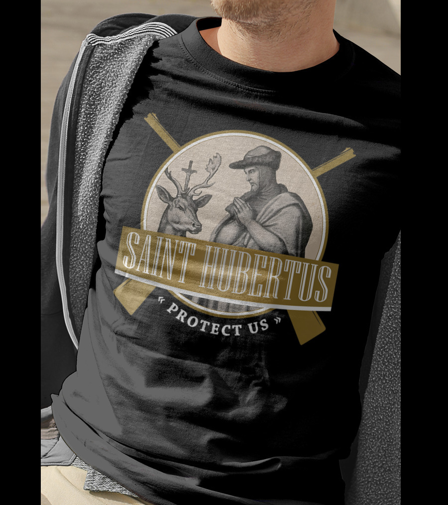 Saint Hubertus Protect Us Hubertus Patron Saint Of Hunters Hubert Rifle T-Shirt