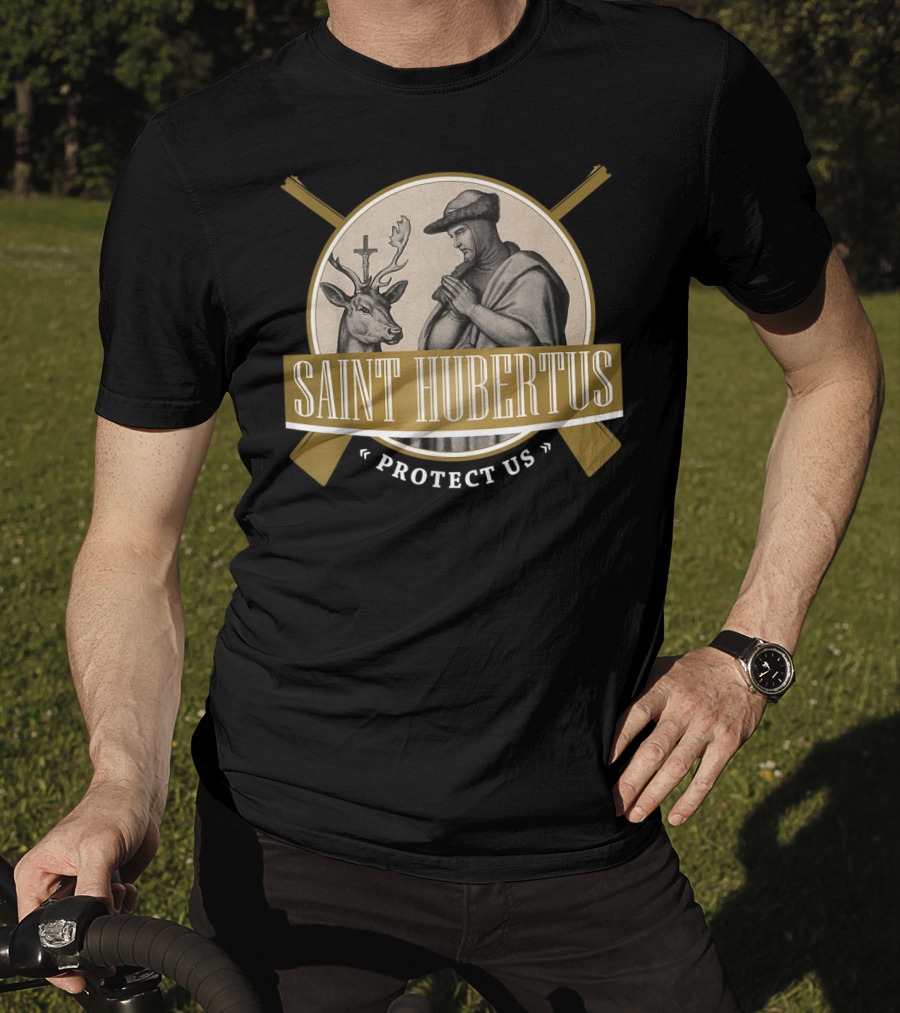 Saint Hubertus Protect Us Hubertus Patron Saint Of Hunters Hubert Rifle T-Shirt