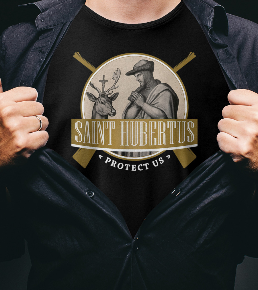 Saint Hubertus Protect Us Hubertus Patron Saint Of Hunters Hubert Rifle T-Shirt