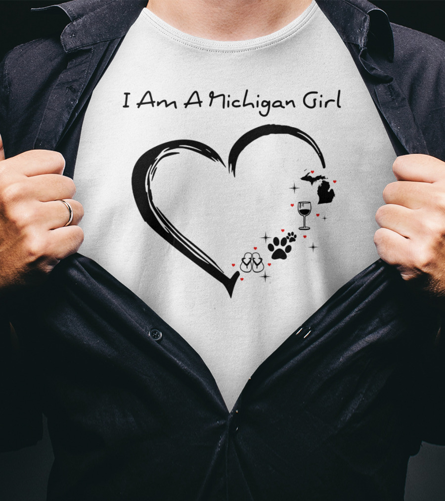 I Am A Michigan Girl Heart Wine Glass Dog Paw Print Flip Flops T-Shirt