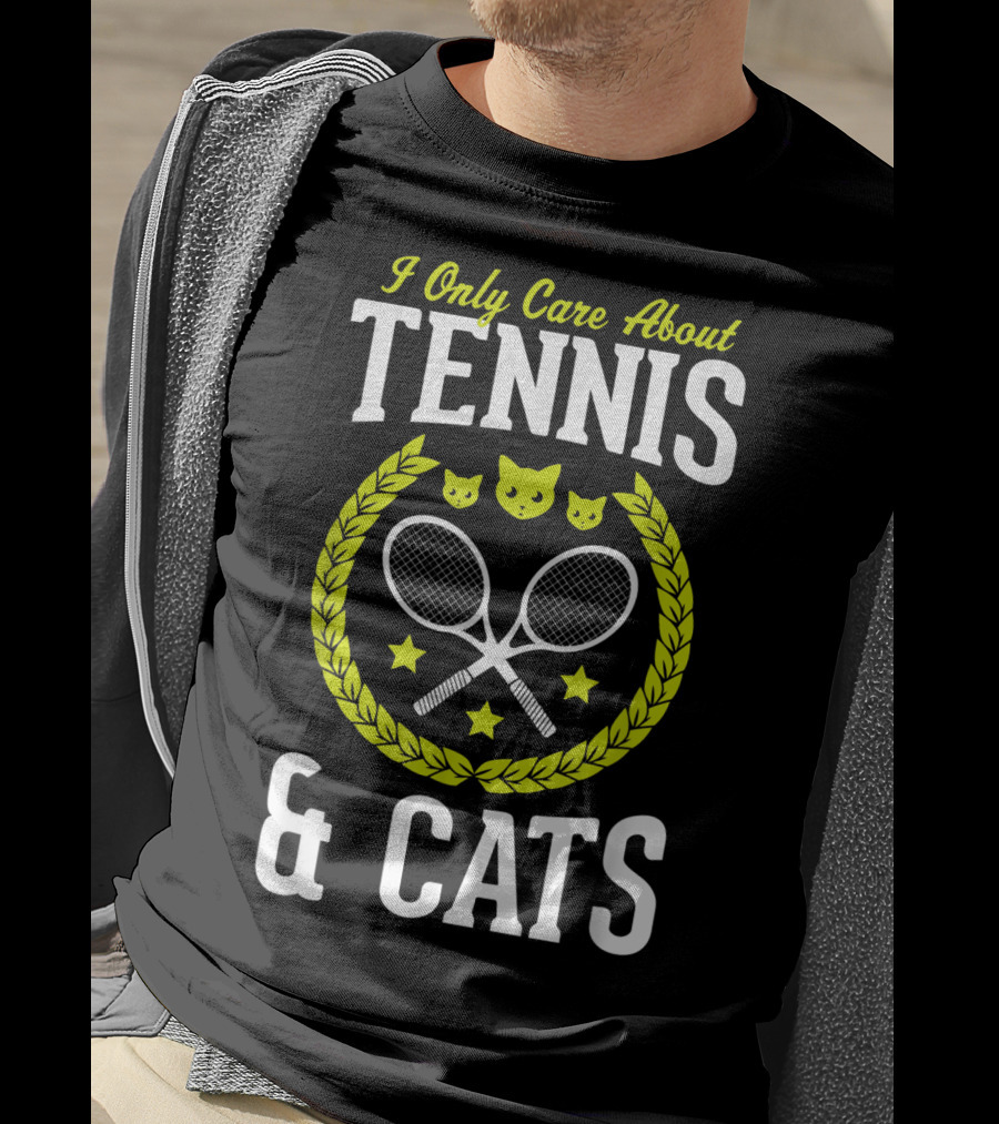 I Only Care About Tennis And Cats Funny Tennis Rackets Cat Faces Laurel Stars T-Shirt
