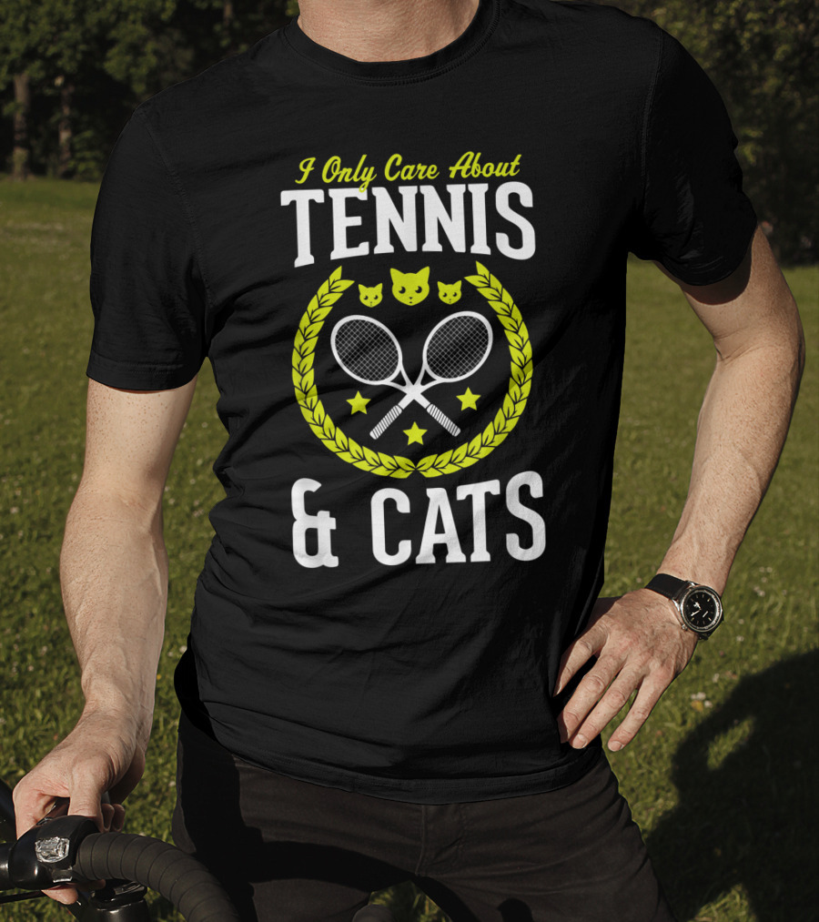 I Only Care About Tennis And Cats Funny Tennis Rackets Cat Faces Laurel Stars T-Shirt