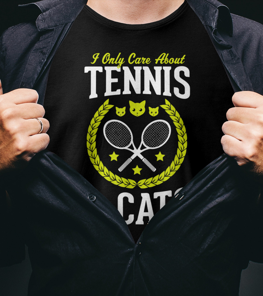 I Only Care About Tennis And Cats Funny Tennis Rackets Cat Faces Laurel Stars T-Shirt