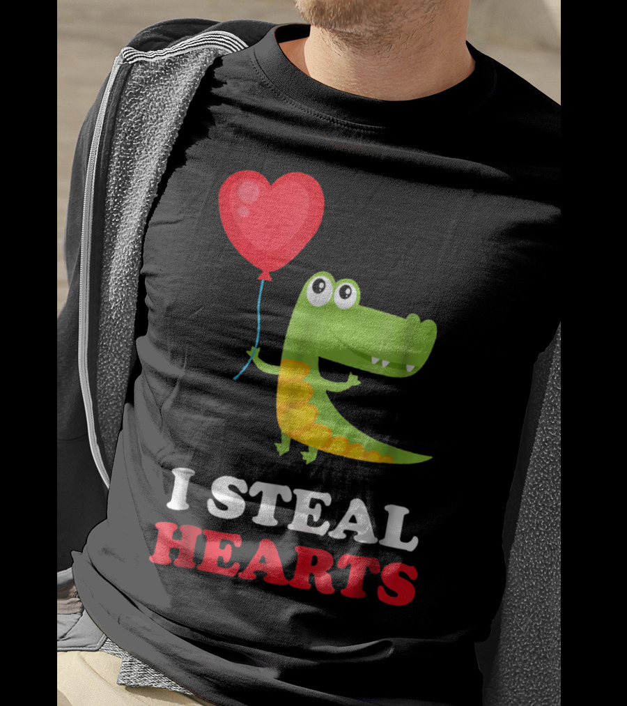 I Steal Hearts Dinosaur Holding Balloon Valentines Day T-Shirt