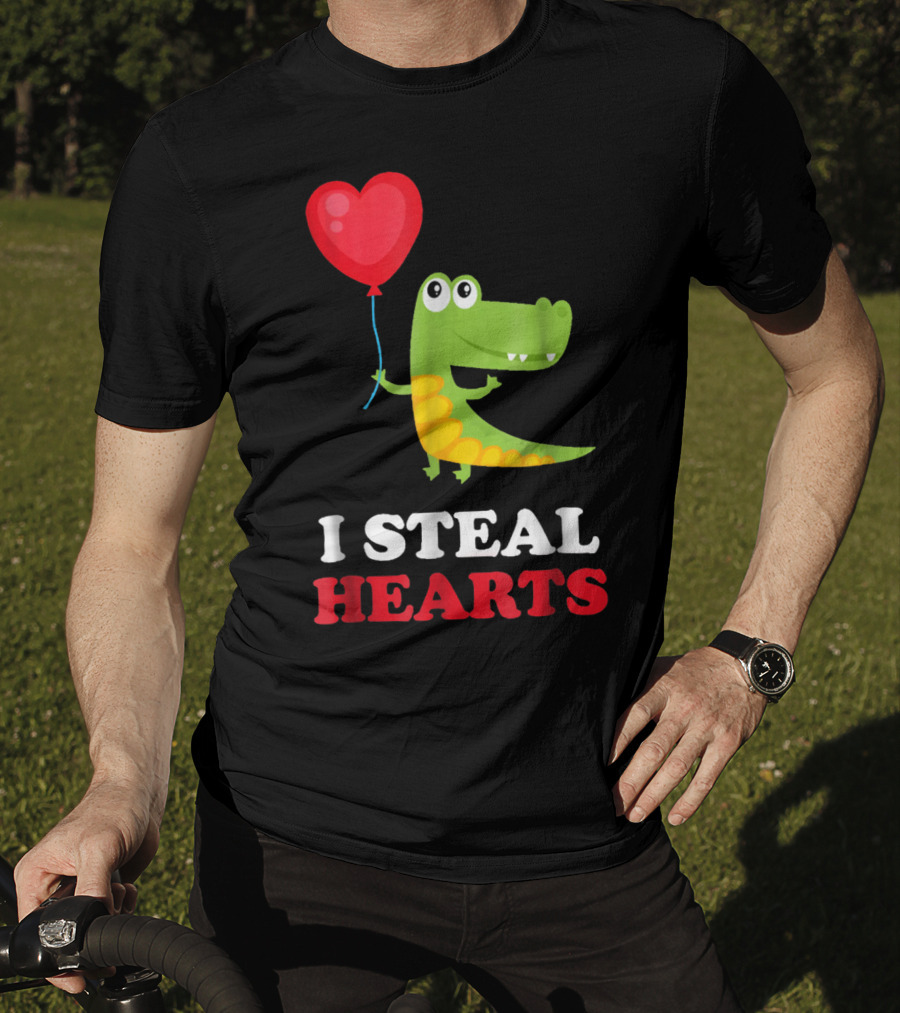 I Steal Hearts Dinosaur Holding Balloon Valentines Day T-Shirt