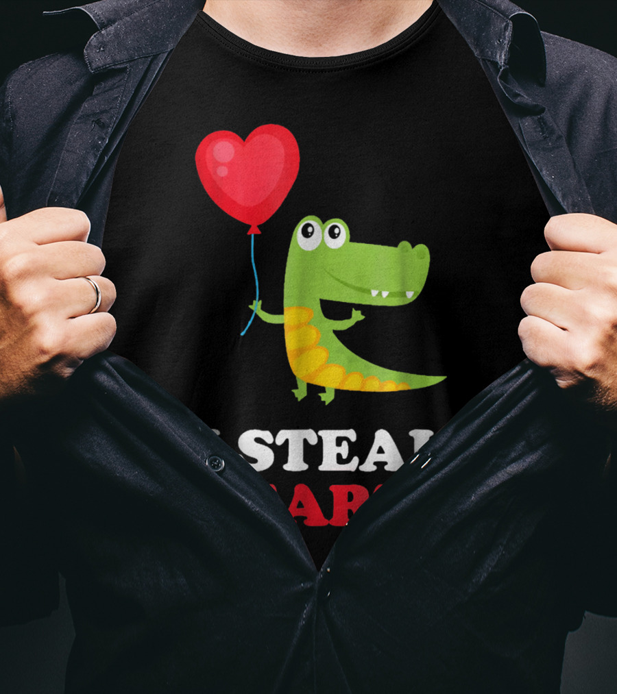 I Steal Hearts Dinosaur Holding Balloon Valentines Day T-Shirt