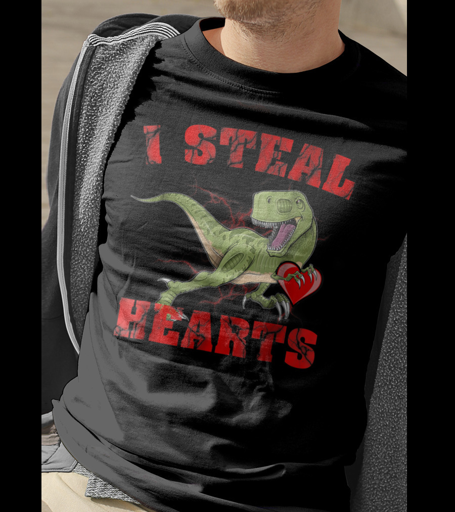 I Steal Hearts Valentine's Day Dinosaur Rex E2 Funny T-Rex Holding Heart T-Shirt