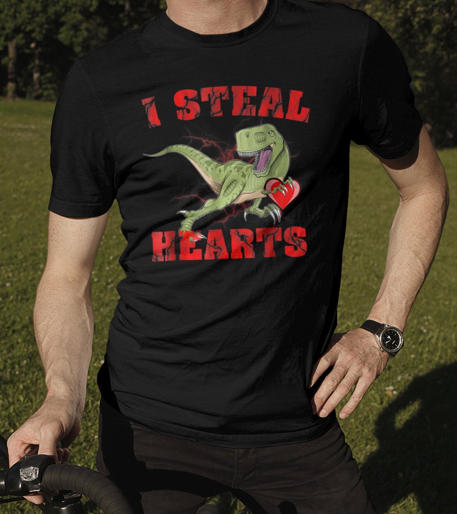 I Steal Hearts Valentine's Day Dinosaur Rex E2 Funny T-Rex Holding Heart T-Shirt