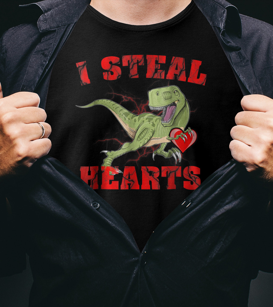 I Steal Hearts Valentine's Day Dinosaur Rex E2 Funny T-Rex Holding Heart T-Shirt