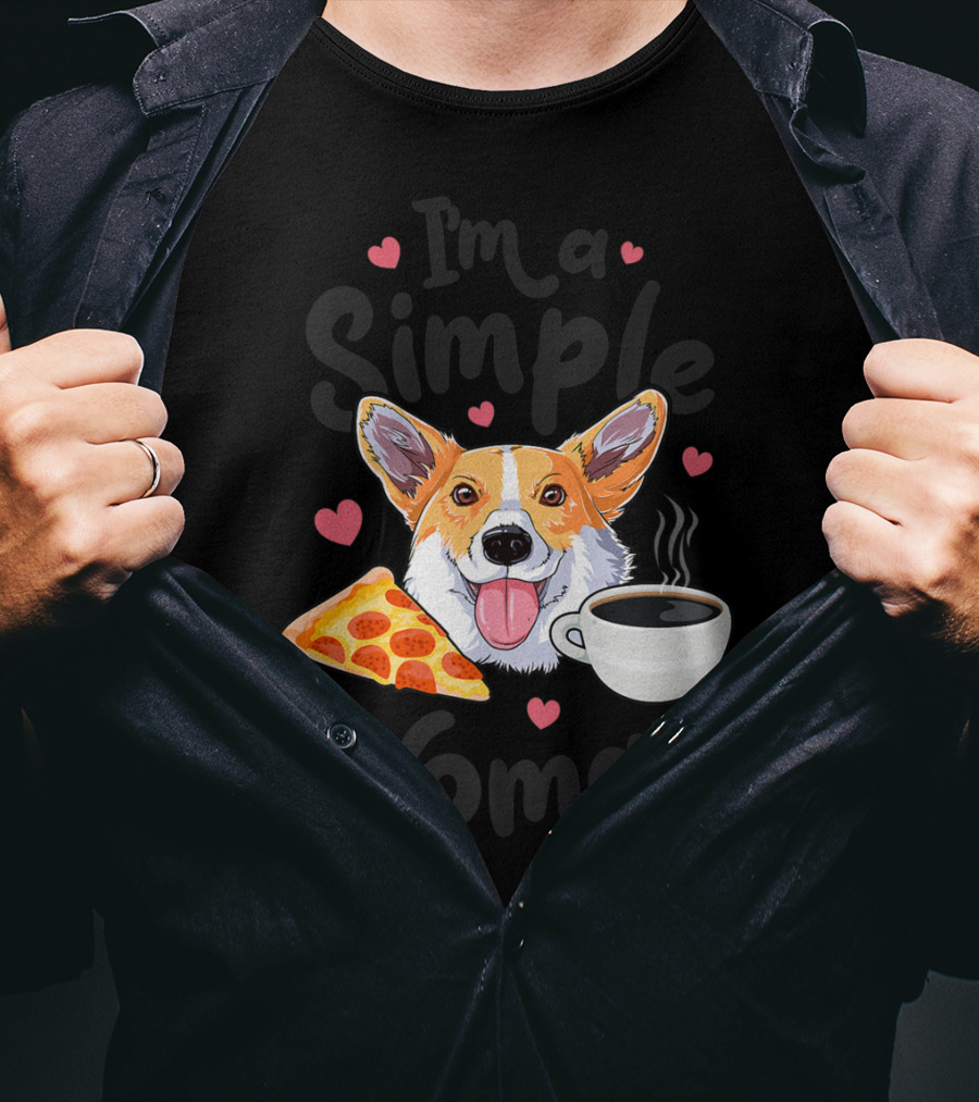 I'm A Simple Woman Corgi Dog Coffee Pizza Hearts T-Shirt