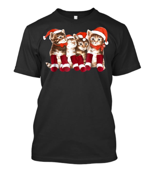 Kittens With Santa Hats Funny Christmas Cat Stockings T-Shirt