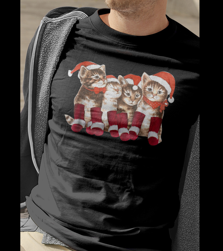 Kittens With Santa Hats Funny Christmas Cat Stockings T-Shirt