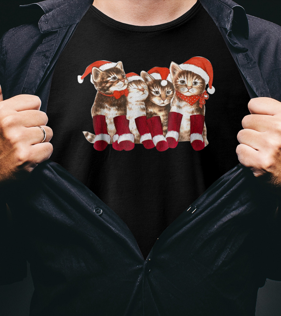 Kittens With Santa Hats Funny Christmas Cat Stockings T-Shirt