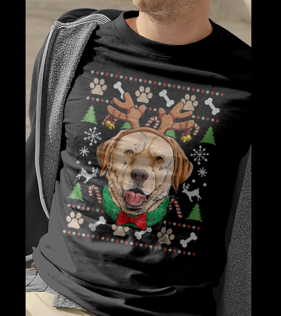 Labrador Reindeer Antlers Ugly Christmas Dog With Candy Canes And Paw Prints T-Shirt