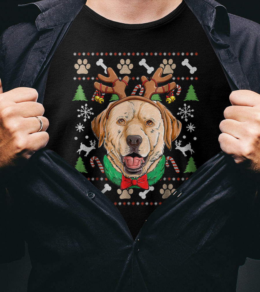 Labrador Reindeer Antlers Ugly Christmas Dog With Candy Canes And Paw Prints T-Shirt