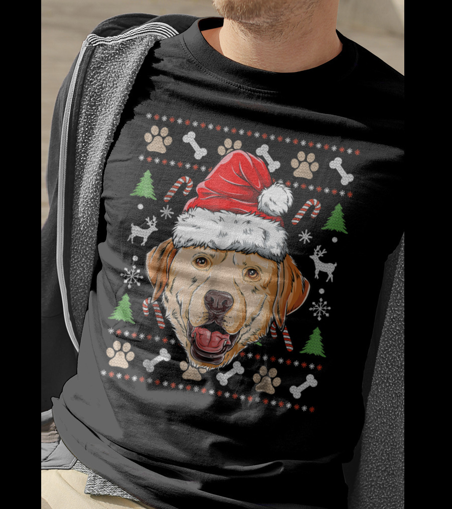 Labrador Ugly Christmas Sweater Santa Hat Xmas Dog Candy Cane Paw Print Snowflake T-Shirt