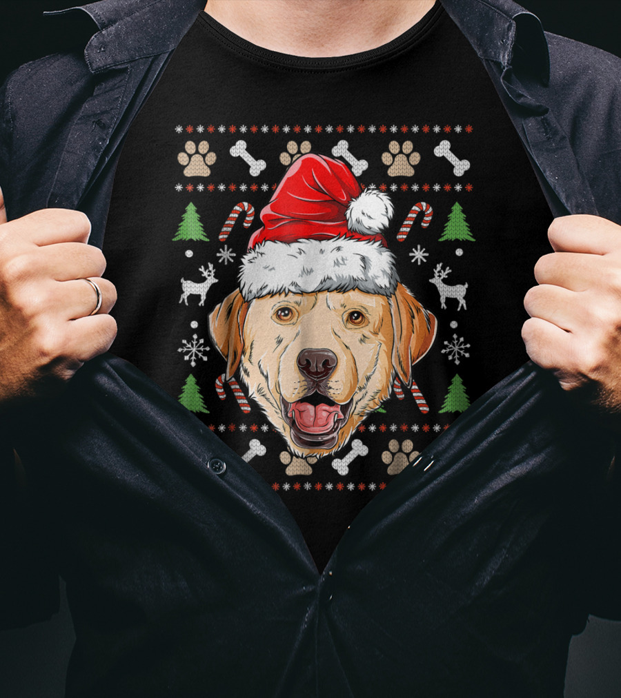 Labrador Ugly Christmas Sweater Santa Hat Xmas Dog Candy Cane Paw Print Snowflake T-Shirt