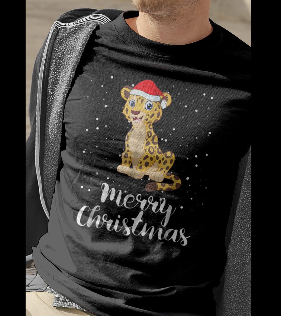 Merry Christmas Leopard Santa Hat Matching Family Group T-Shirt