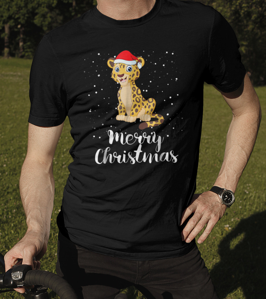 Merry Christmas Leopard Santa Hat Matching Family Group T-Shirt