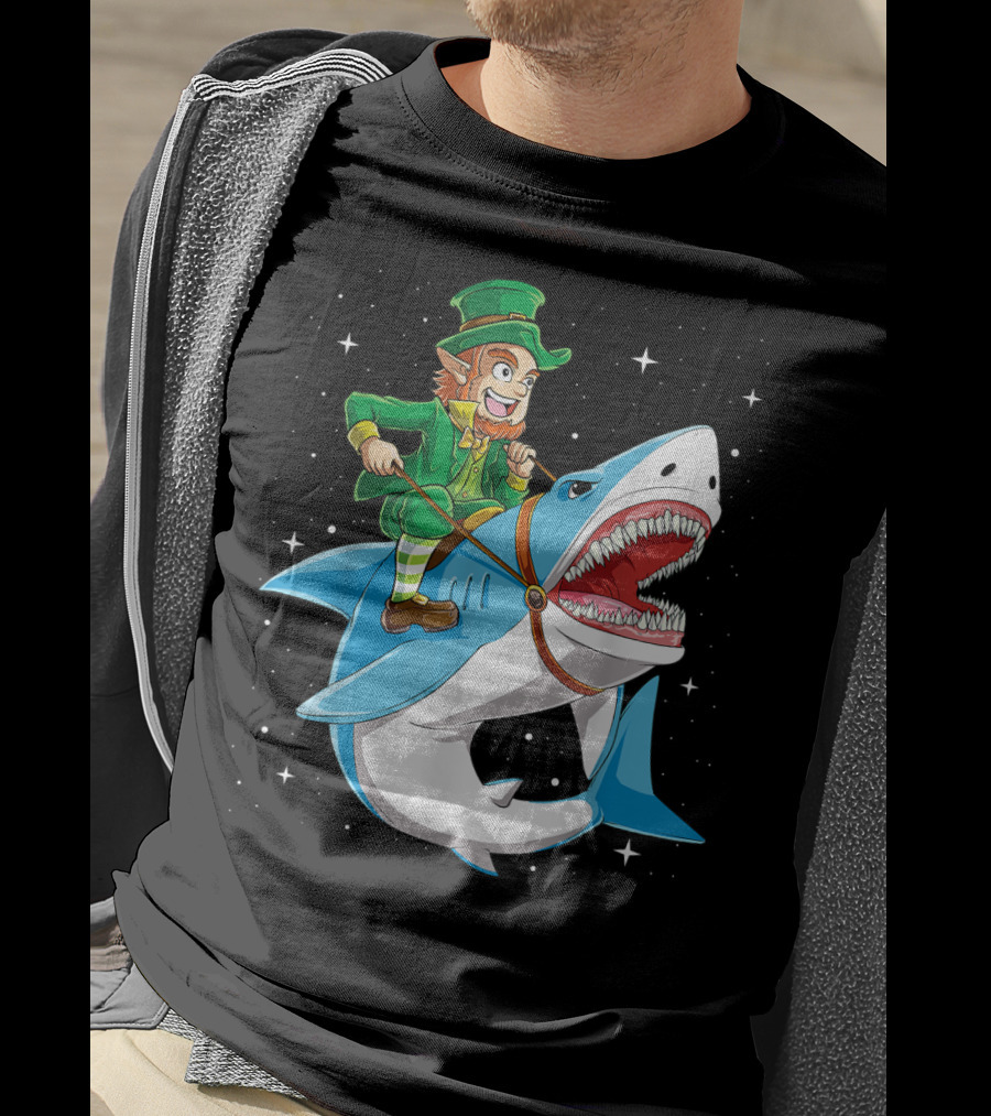 Leprechaun On Great White Shark With Starry Background T-Shirt