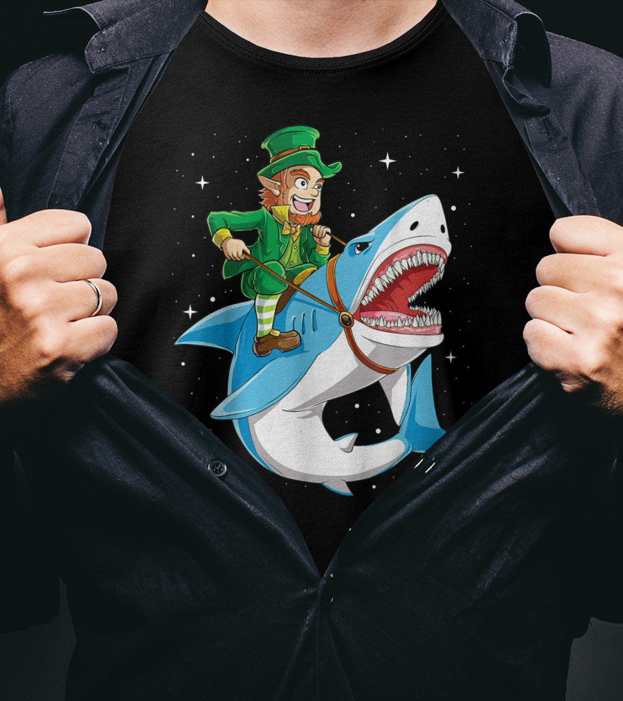 Leprechaun On Great White Shark With Starry Background T-Shirt