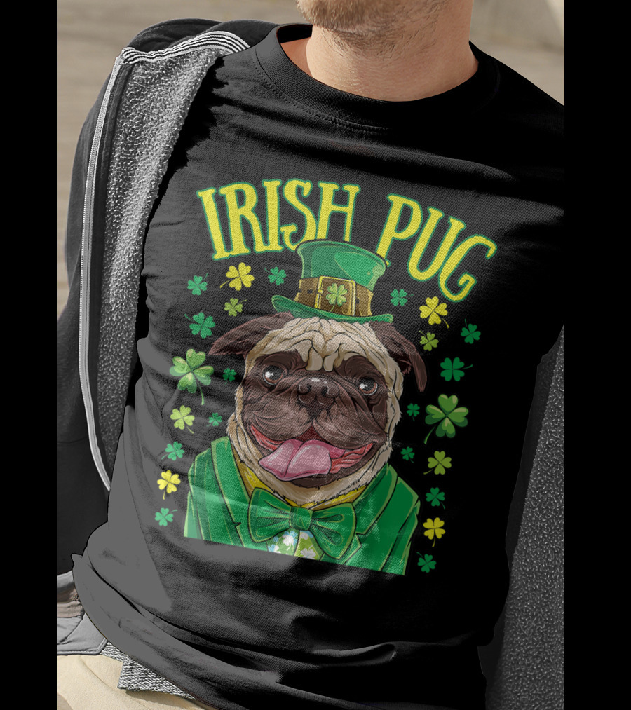 Irish Pug Leprechaun St Patricks Day Boys Dog Shamrock Hat Bow Tie T-Shirt