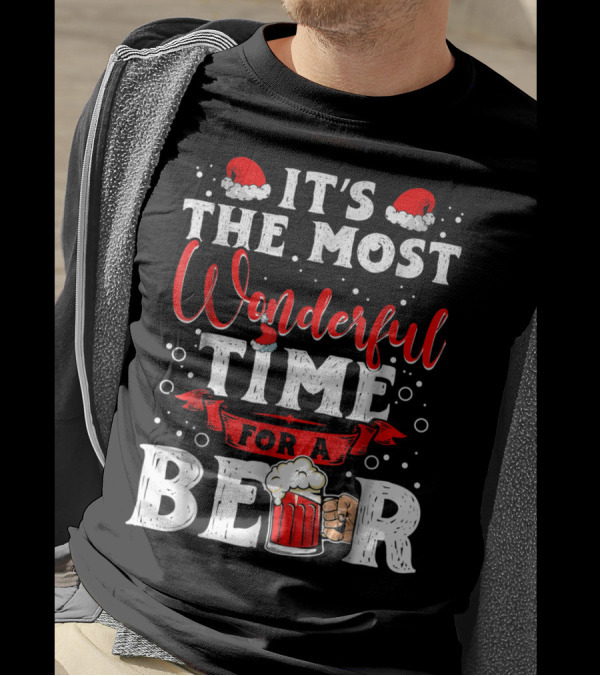 It's The Most Wonderful Time For A Beer Santa Hat Bubbles Cheers T-Shirt