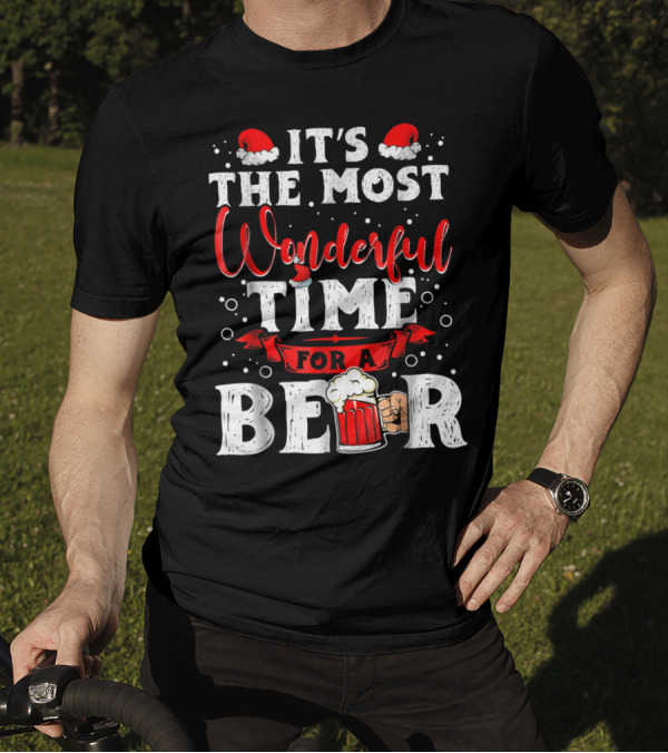 It's The Most Wonderful Time For A Beer Santa Hat Bubbles Cheers T-Shirt