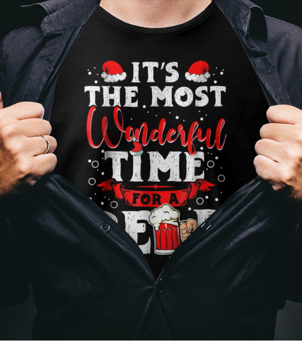 It's The Most Wonderful Time For A Beer Santa Hat Bubbles Cheers T-Shirt