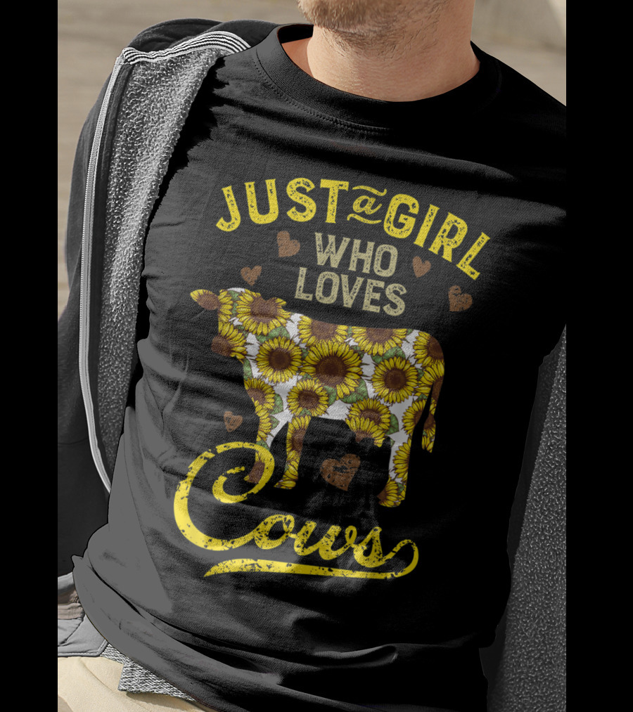 Just A Girl Who Loves Cows Sunflower Farm Sunflower Patterned Cow With Hearts T-Shirt