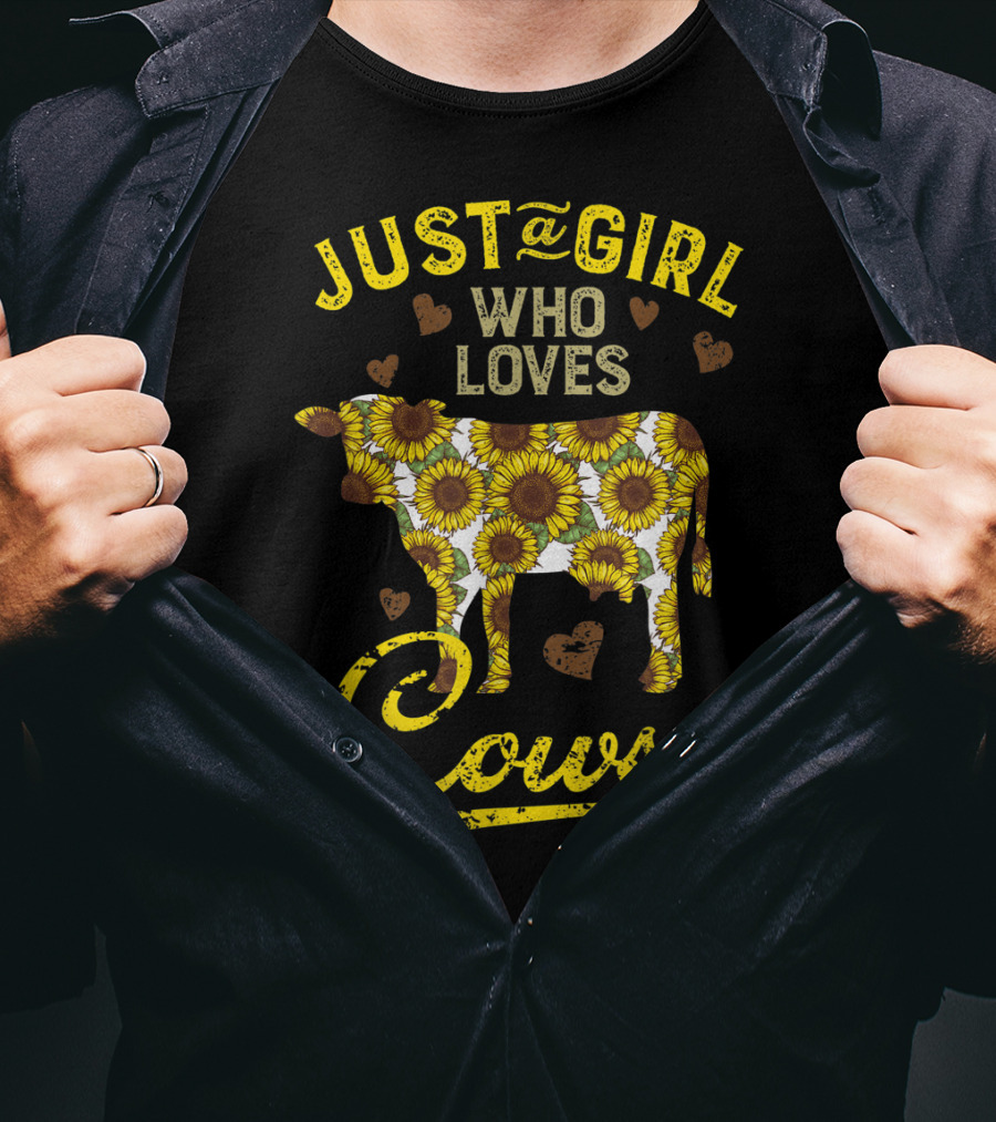Just A Girl Who Loves Cows Sunflower Farm Sunflower Patterned Cow With Hearts T-Shirt