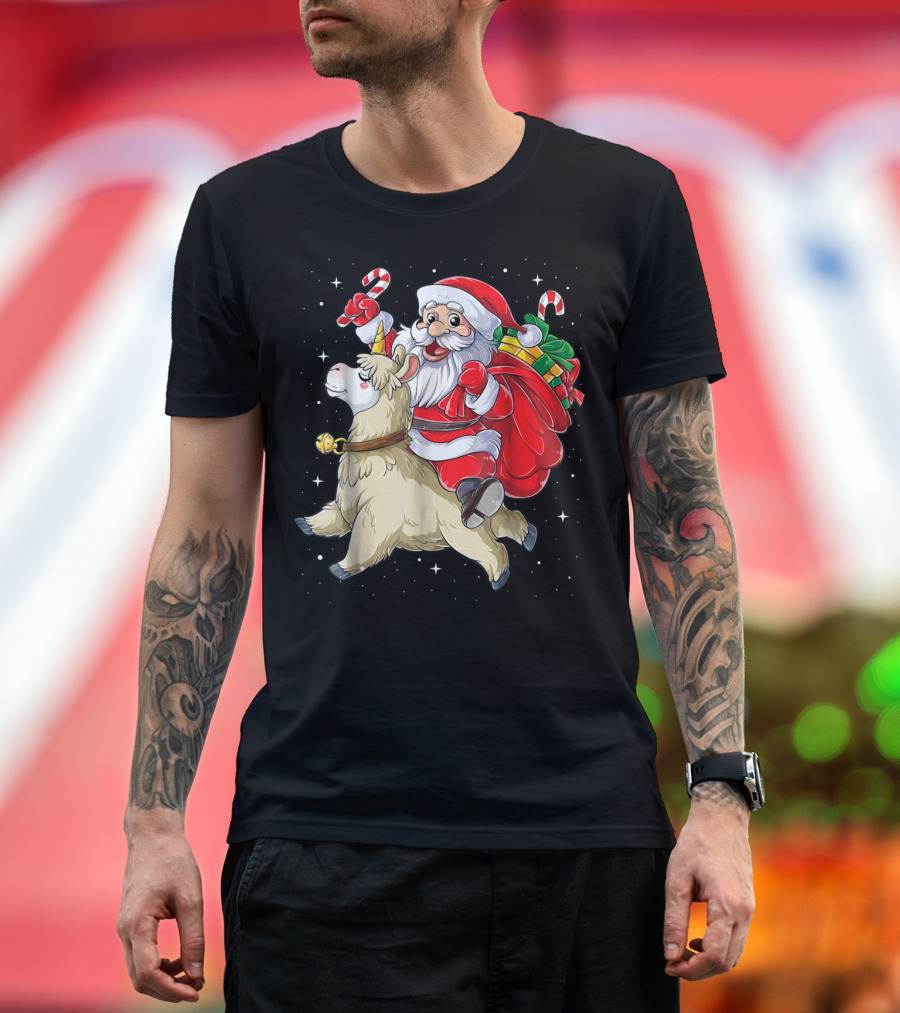 Santa Claus Riding Llamacorn Unicorn with Candy Canes and Gifts T-Shirt