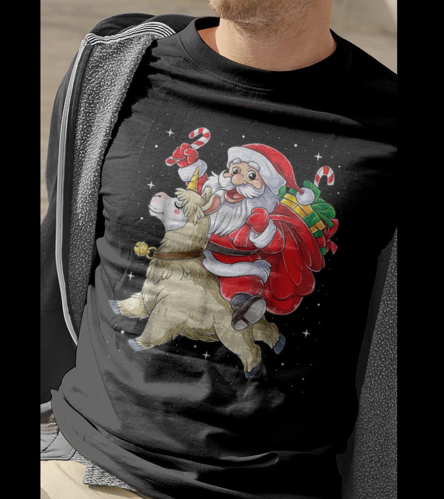 Santa Claus Riding Llamacorn Unicorn With Candy Canes And Gifts T-Shirt