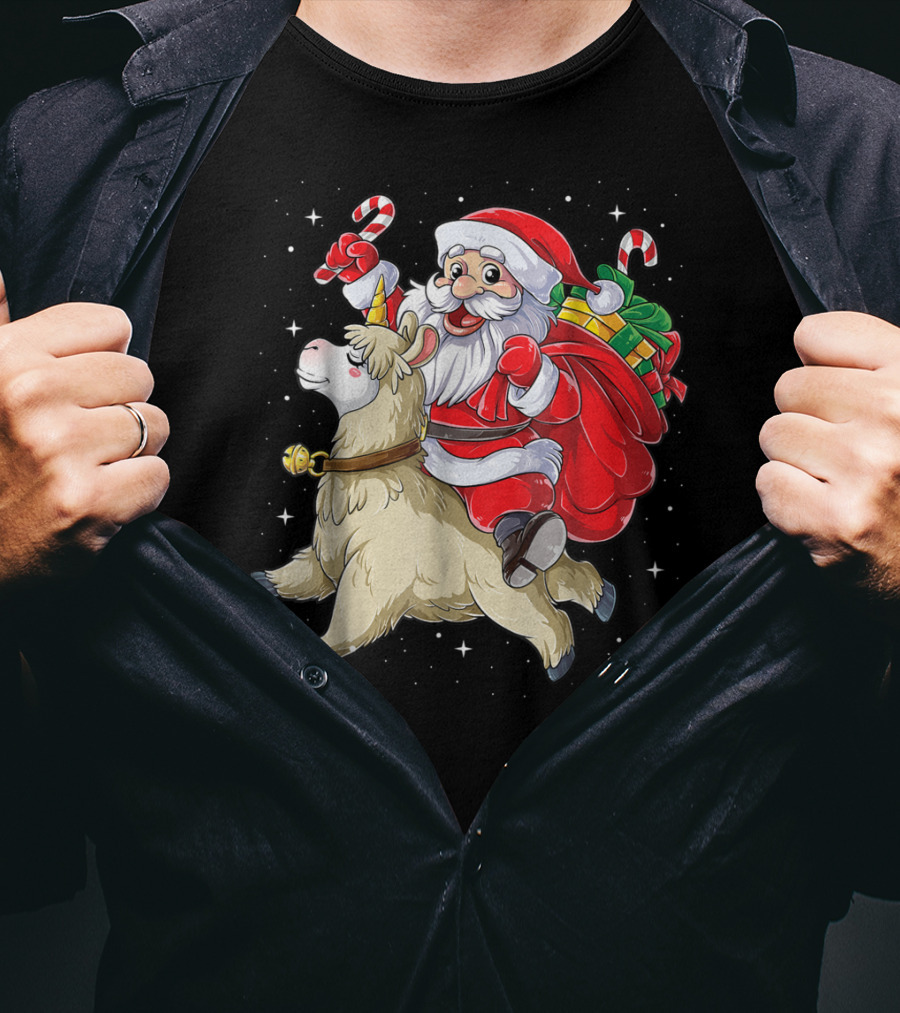 Santa Claus Riding Llamacorn Unicorn With Candy Canes And Gifts T-Shirt