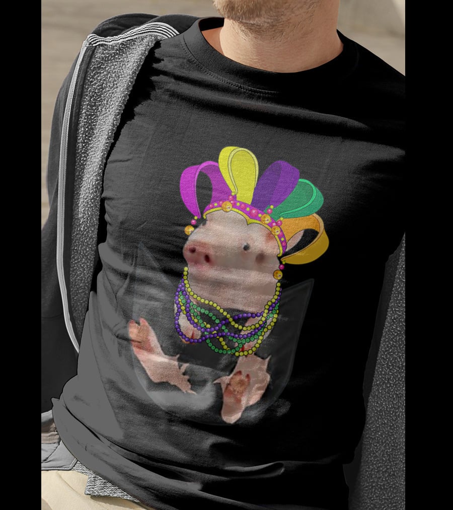 Mardi Gras Pig In Your Pocket With Colorful Beads And Jester Hat Farm Animal T-Shirt