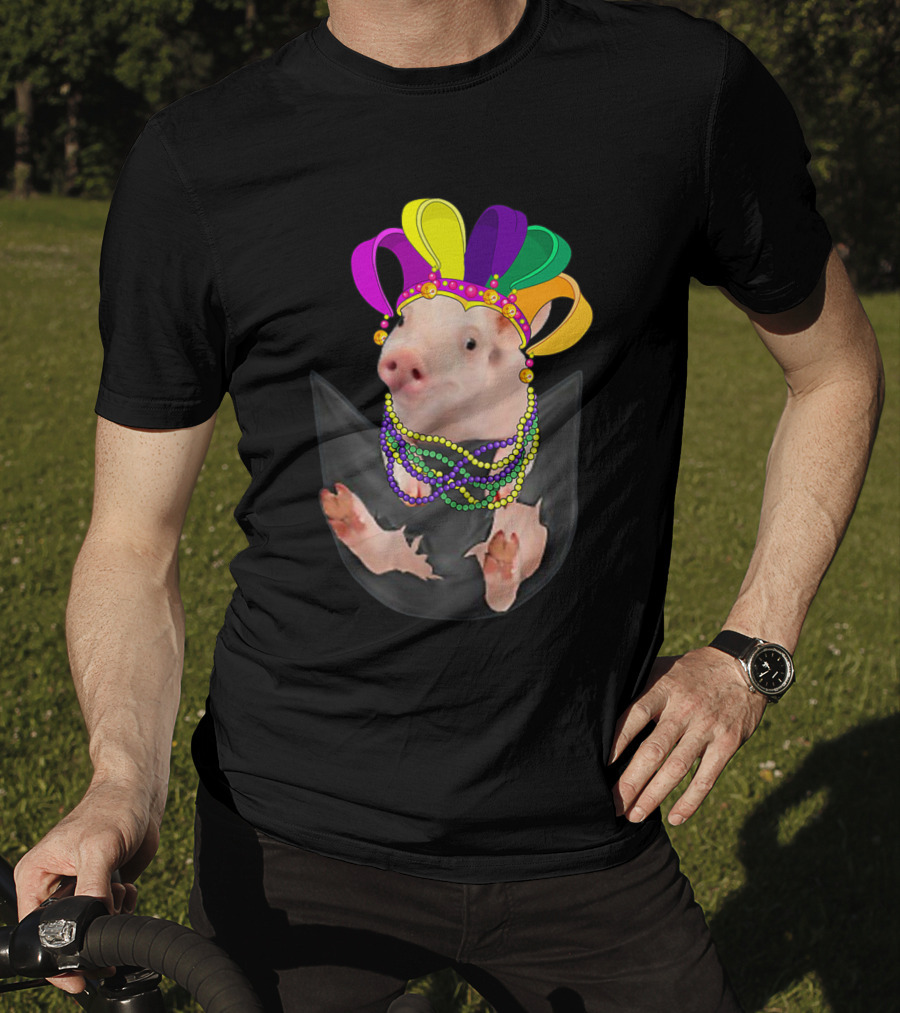 Mardi Gras Pig In Your Pocket With Colorful Beads And Jester Hat Farm Animal T-Shirt