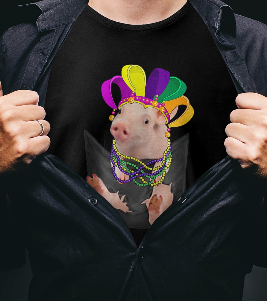Mardi Gras Pig In Your Pocket With Colorful Beads And Jester Hat Farm Animal T-Shirt