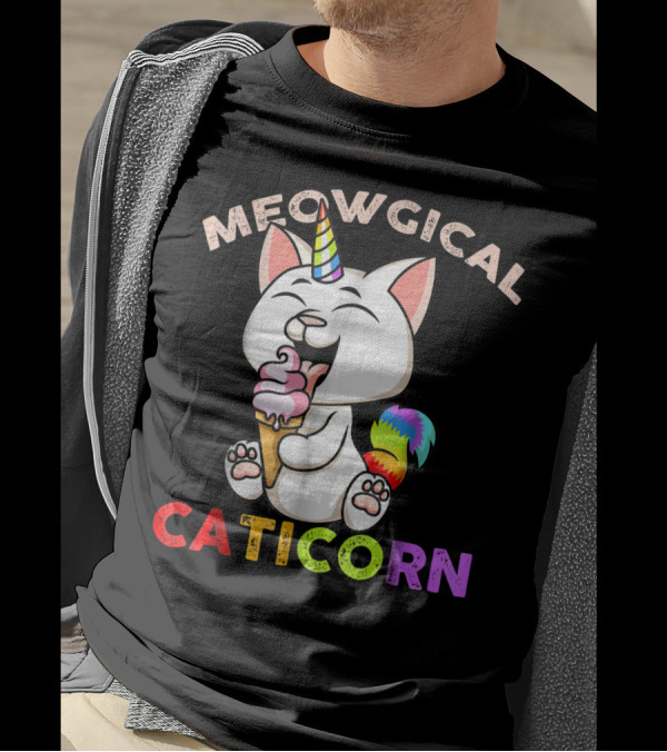 Meowgical Caticorn Rainbow Cat Unicorn Eating Ice Cream Cone T-Shirt