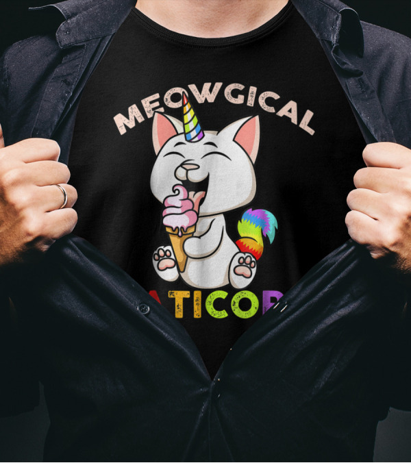 Meowgical Caticorn Rainbow Cat Unicorn Eating Ice Cream Cone T-Shirt