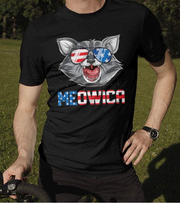 Meowica American Flag Cat Sunglasses 4th Of July Merica T-Shirt