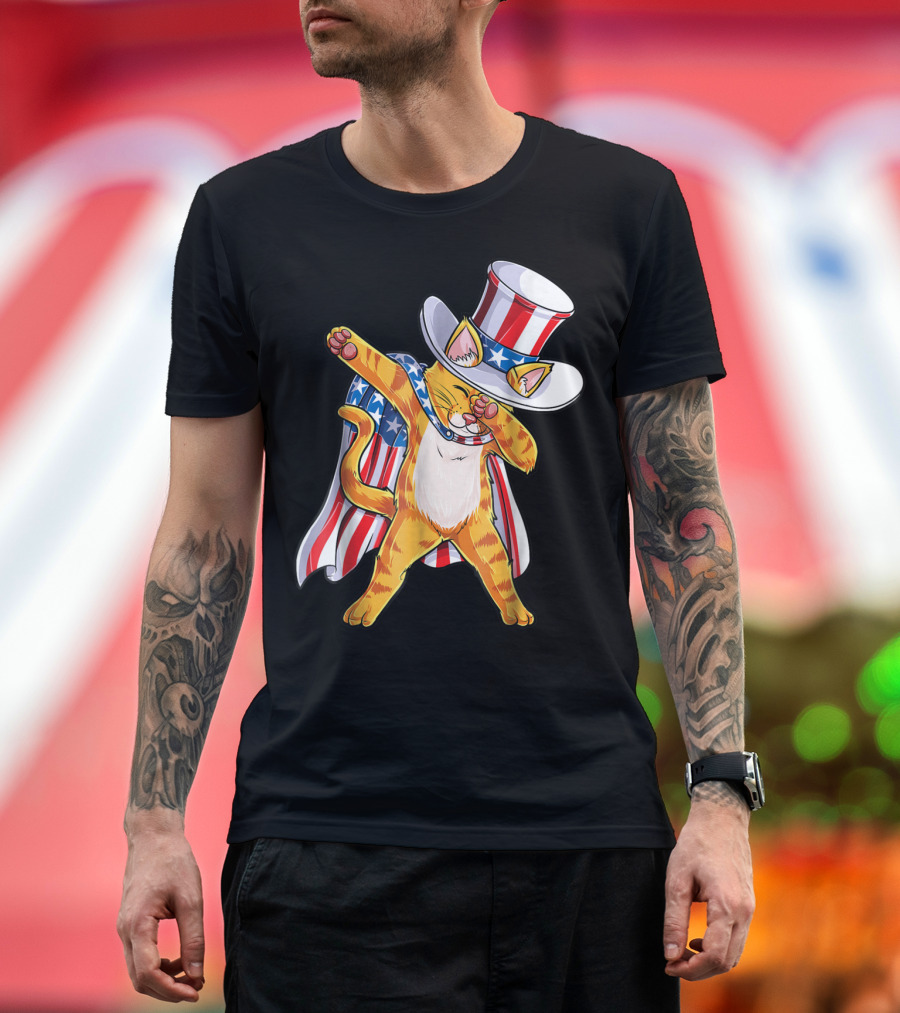 Meowica Dabbing Cat Patriotic Uncle Sam 4th of July T-Shirt