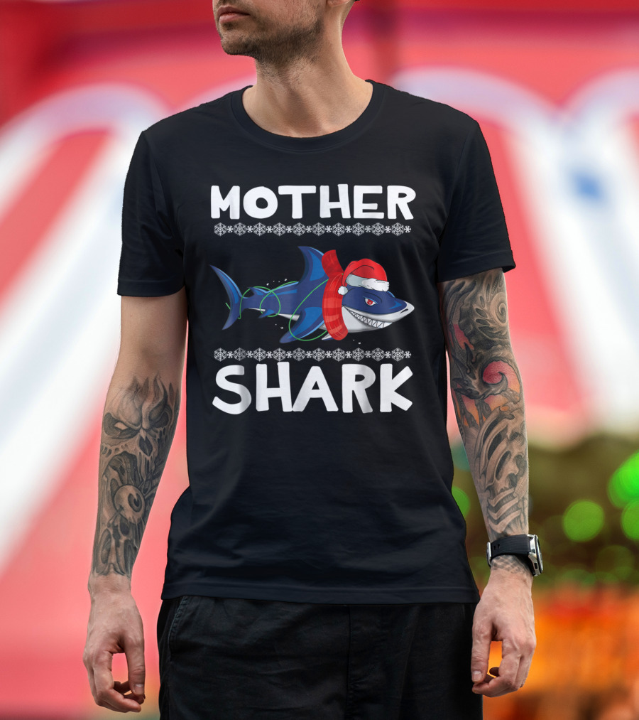 Mother Shark Ugly Christmas Sweater Santa Hat Family T-Shirt