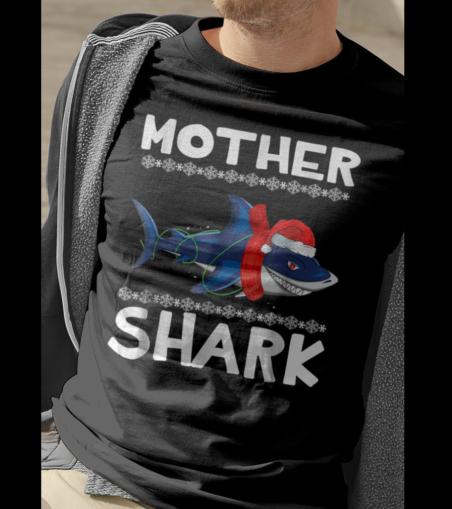 Mother Shark Ugly Christmas Sweater Santa Hat Family T-Shirt