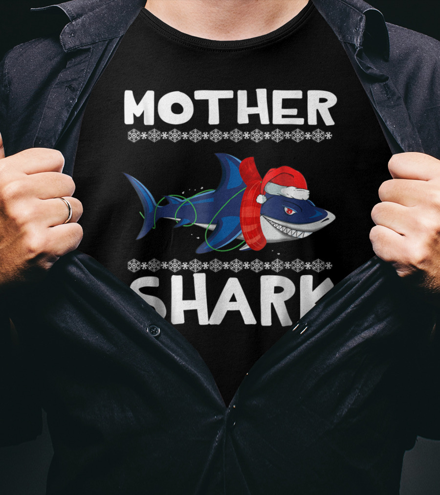 Mother Shark Ugly Christmas Sweater Santa Hat Family T-Shirt