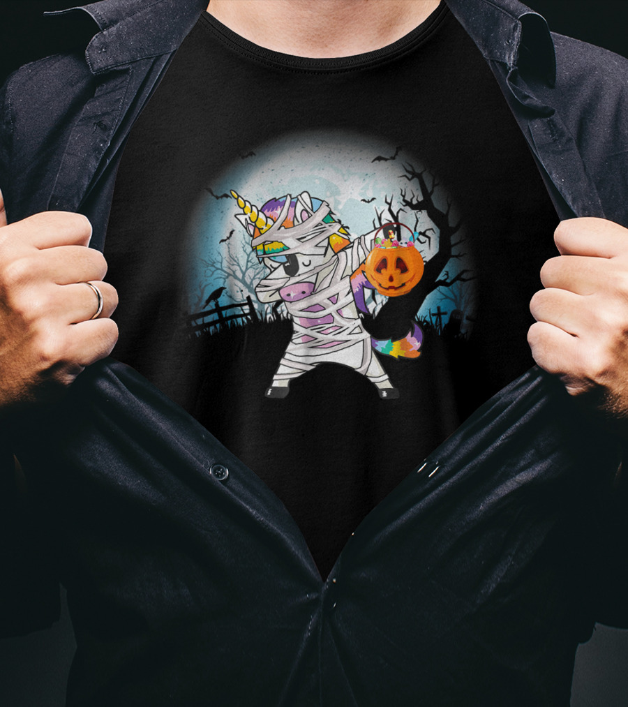Halloween Mummy Unicorn Dabbing With Pumpkin Basket T-Shirt