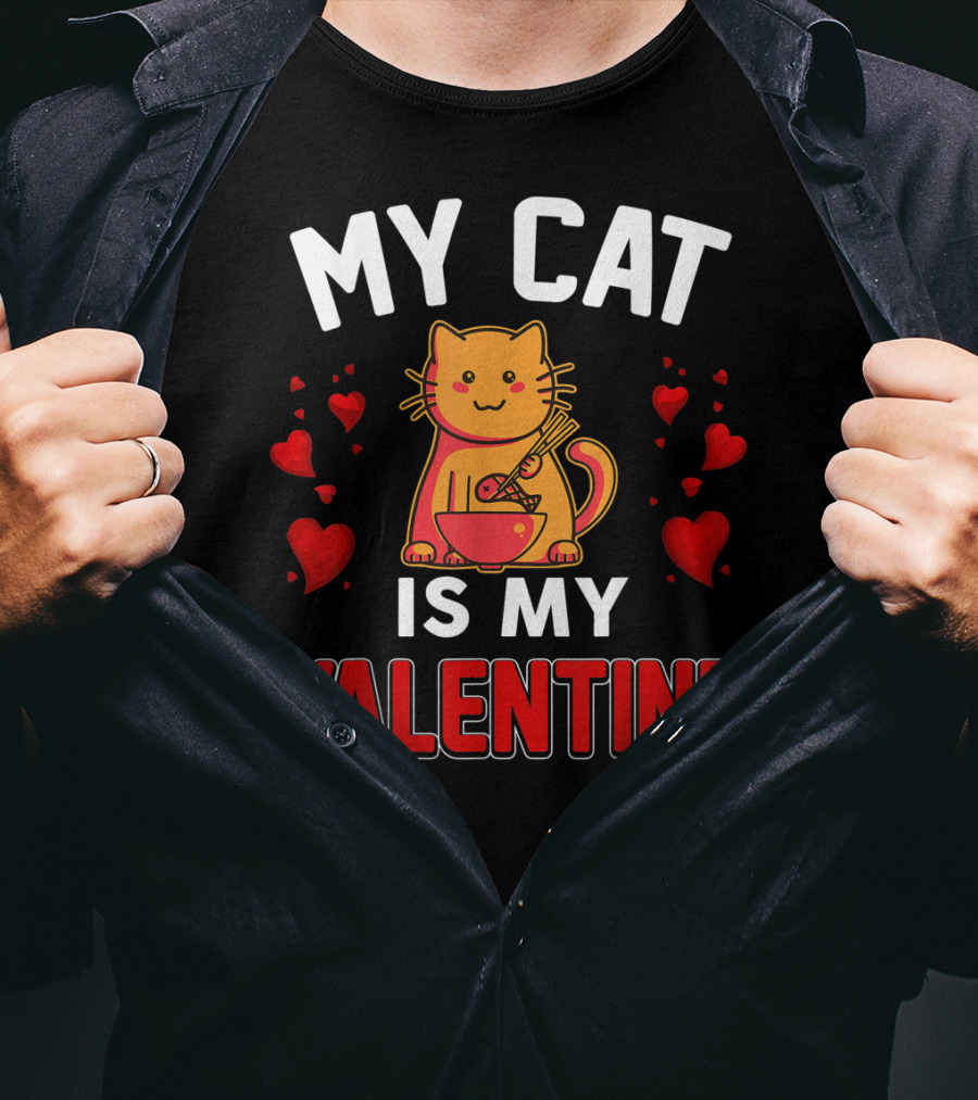 My Cat Is My Valentine Hearts And Cat Eating Noodles T-Shirt