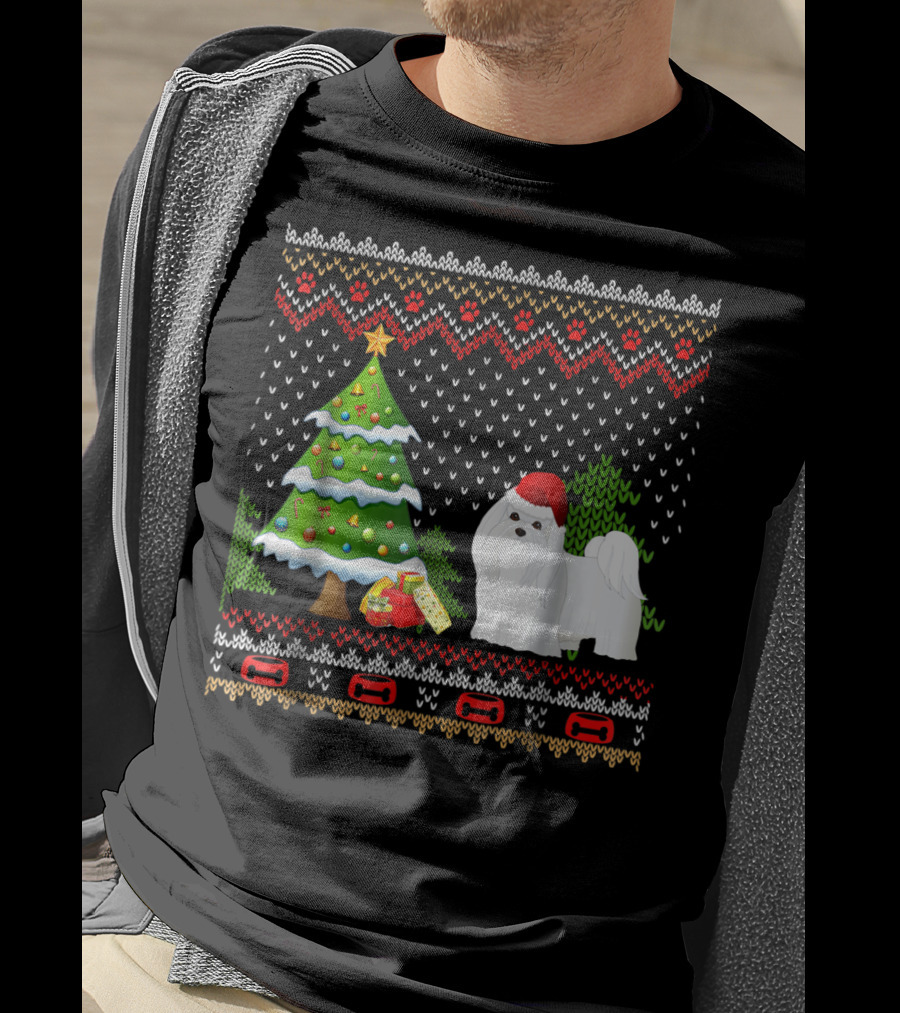 Maltese Santa Christmas UglyDog With Festive Tree And Gifts T-Shirt